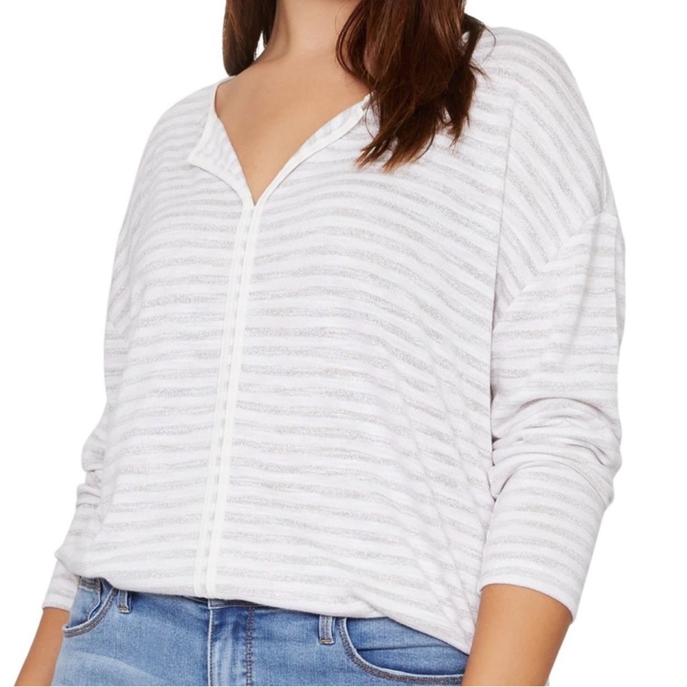 Sanctuary Curve Elina Metallic-stripe Split-Neck Long Sleeve Tee Shirt Size 2X